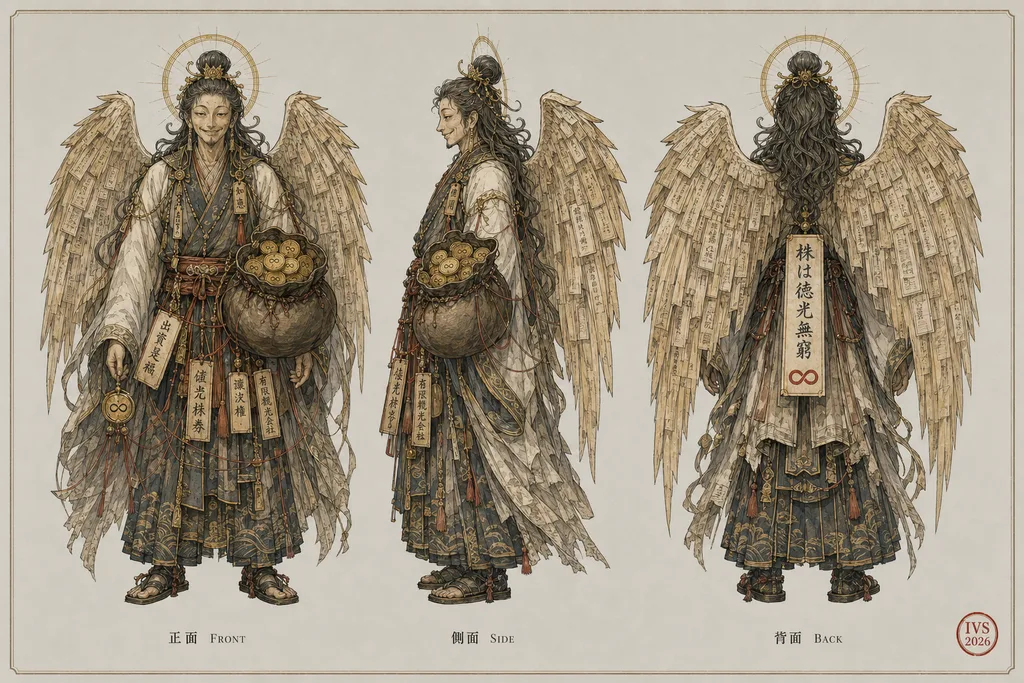 Angel Investor Kami — turnaround (front / side / back)