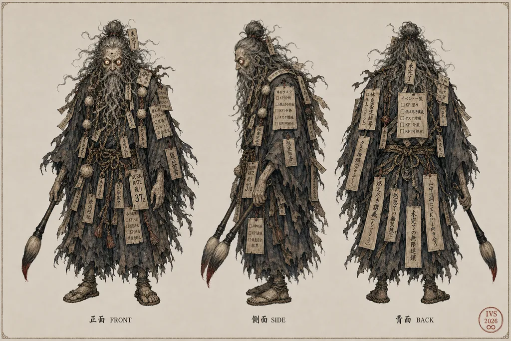 Founder Mode Hermit — turnaround (front / side / back)